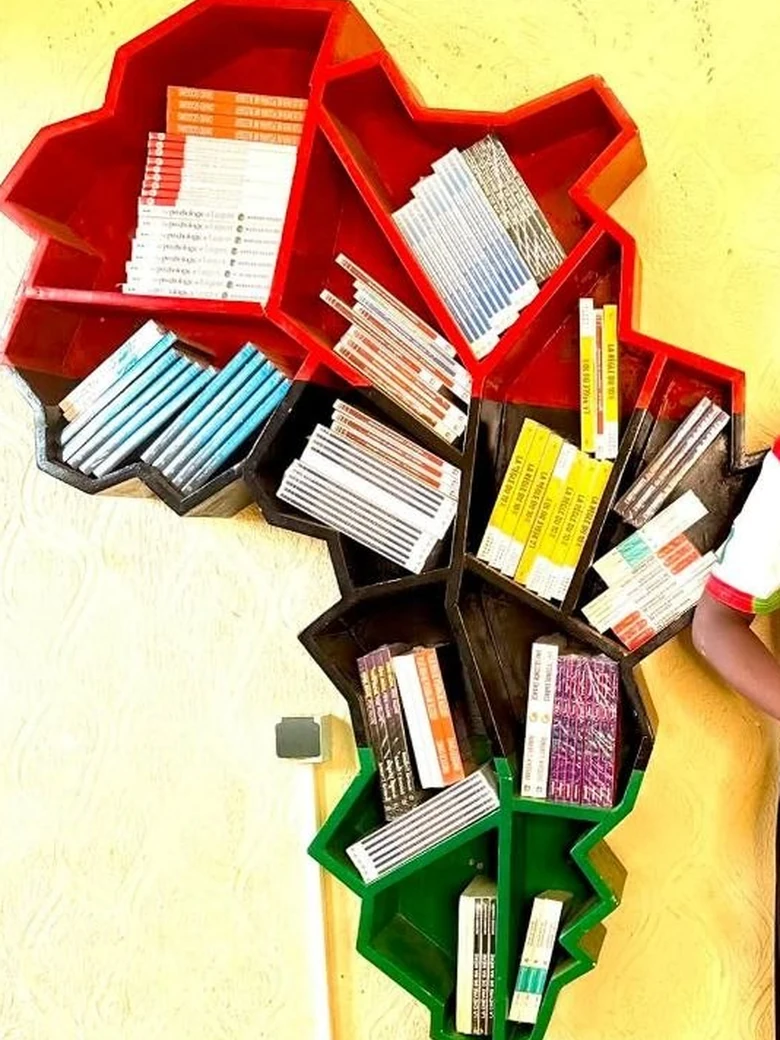 Les livres rangés sur un meuble mural découpé à la forme de l'Afrique